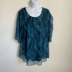 Sese Code Women’s 2XL Teal Leaf Flowy Mesh Overlay Blouse Semi Sheer Sleeves